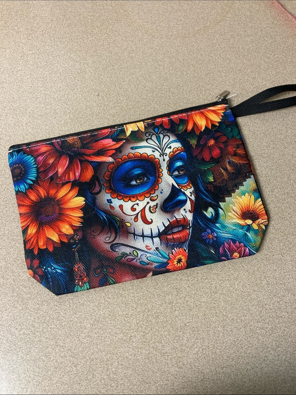 Colorful Sugar Skull Floral Wristlet Pouch - Multicolor